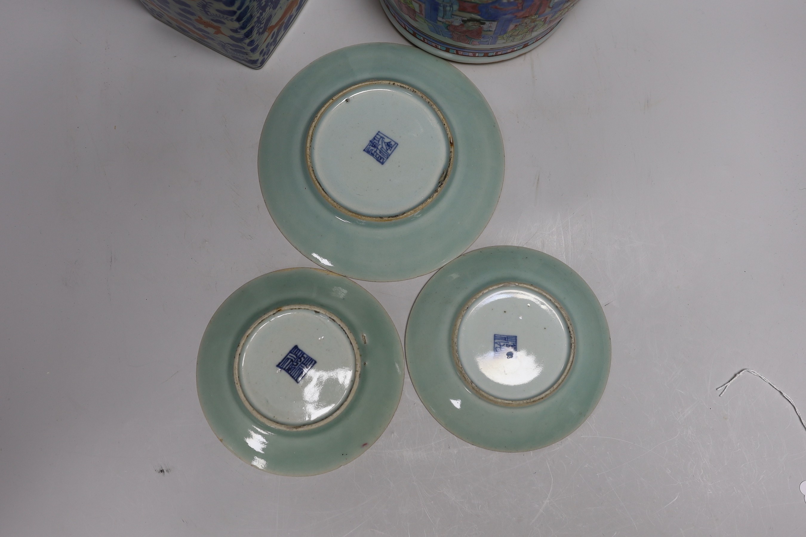 A 19th century Chinese famille rose vase, a squared Chinese vase and three celadon dishes, tallest 36cm
